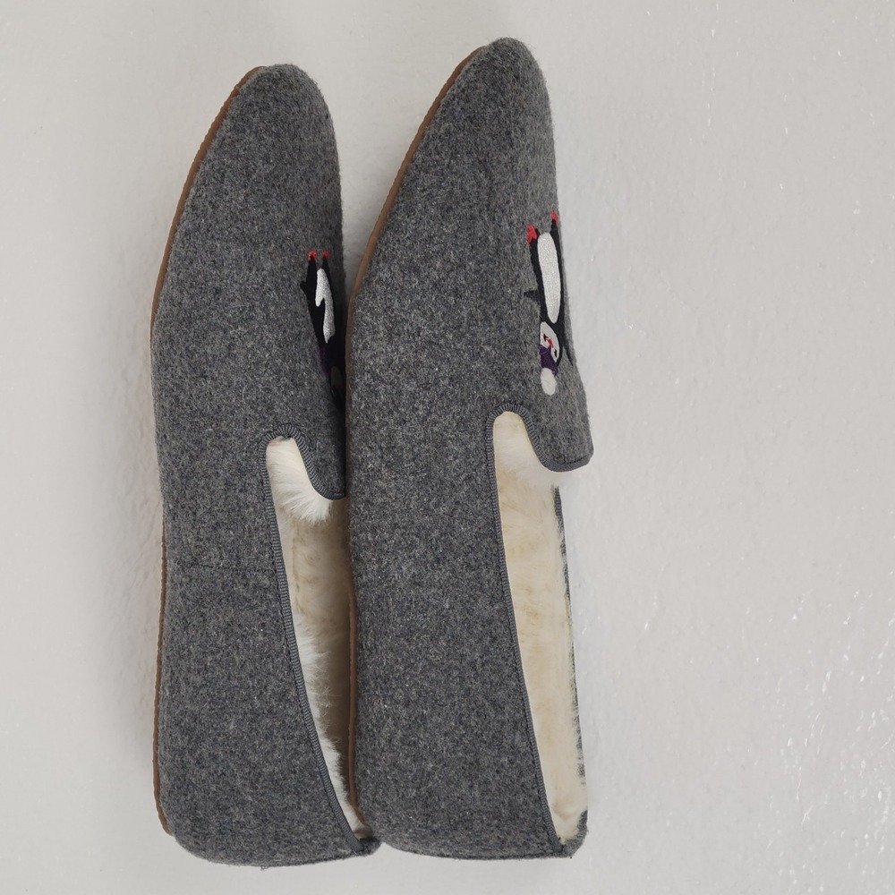 Talbots Fireside Embroidered Penguin Slippers Gray Womens 8 Wool Faux Fur - Picture 7 of 8